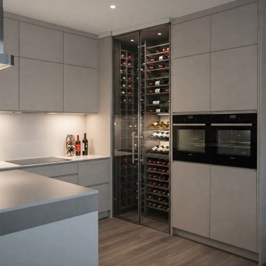 Nos gusta integrar vinotecas y despensas con puertas de vidrio en nuestros diseños; aportan numerosos beneficios emocionales y funcionales.